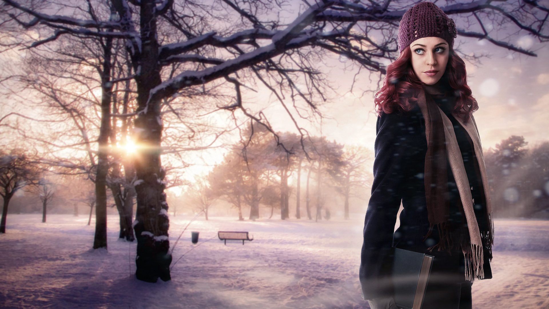 girl beauty winter fiction hat scarf bench snow background tree red sun book nature