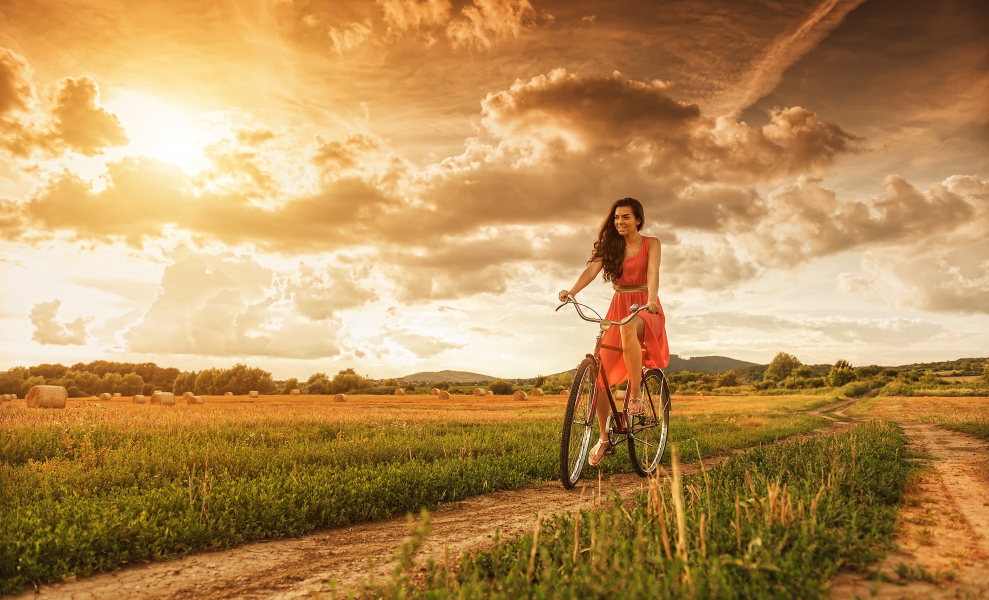 the field hay sky clouds road bike girl walk