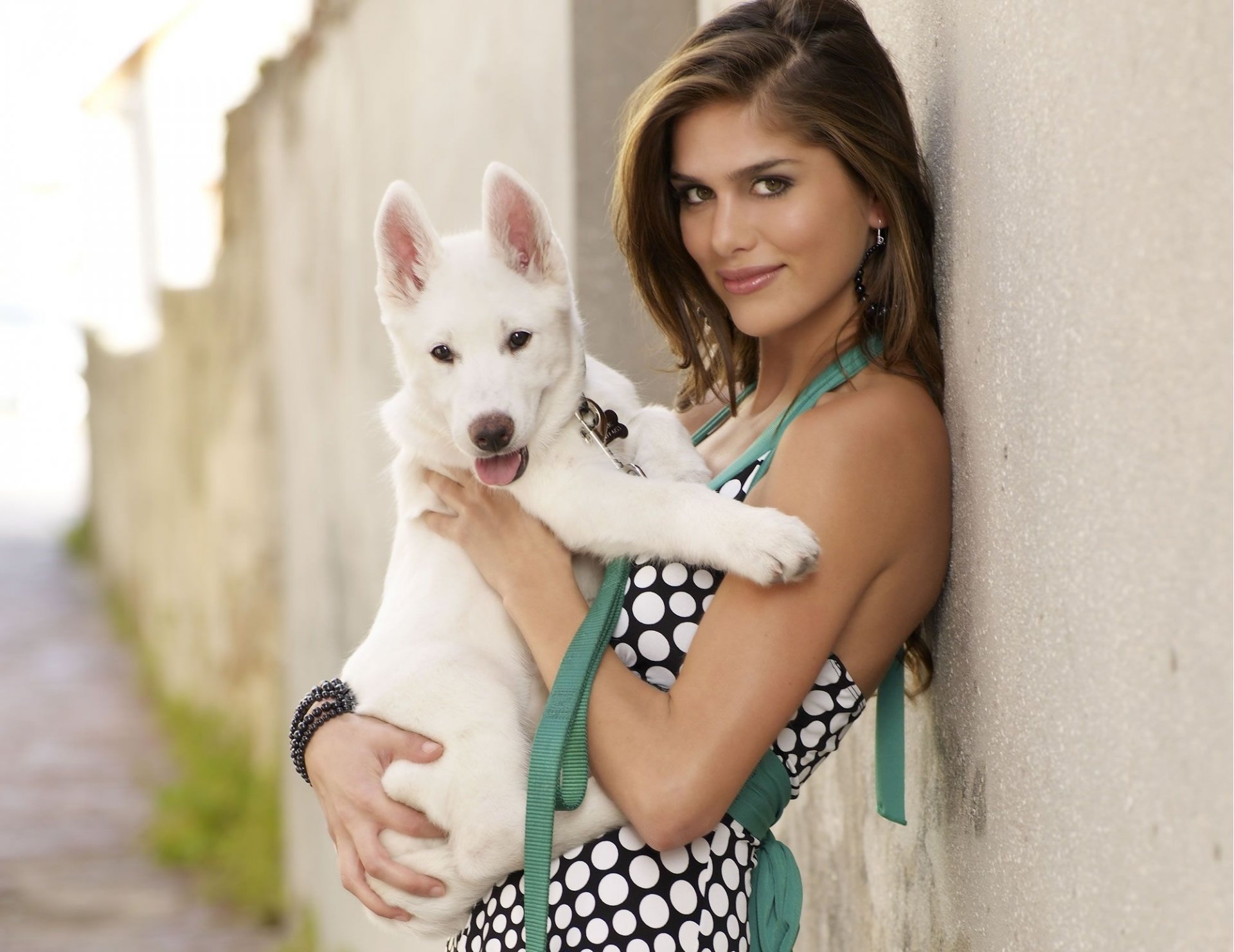 anahi gonzales girl beautiful view hair smile dog puppy dress street house wall bracelet earring