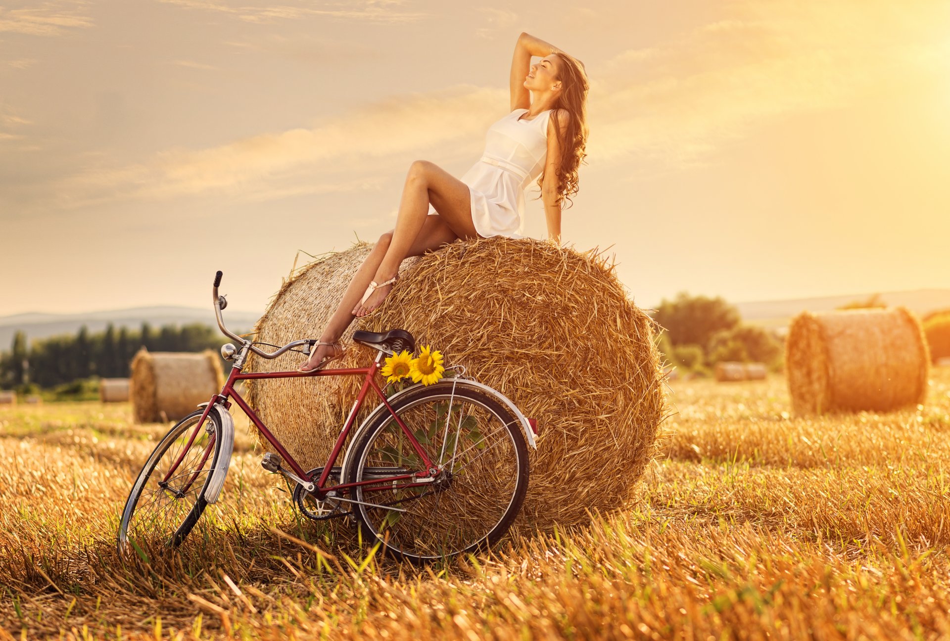 campo pajar muchacha bicicleta girasol