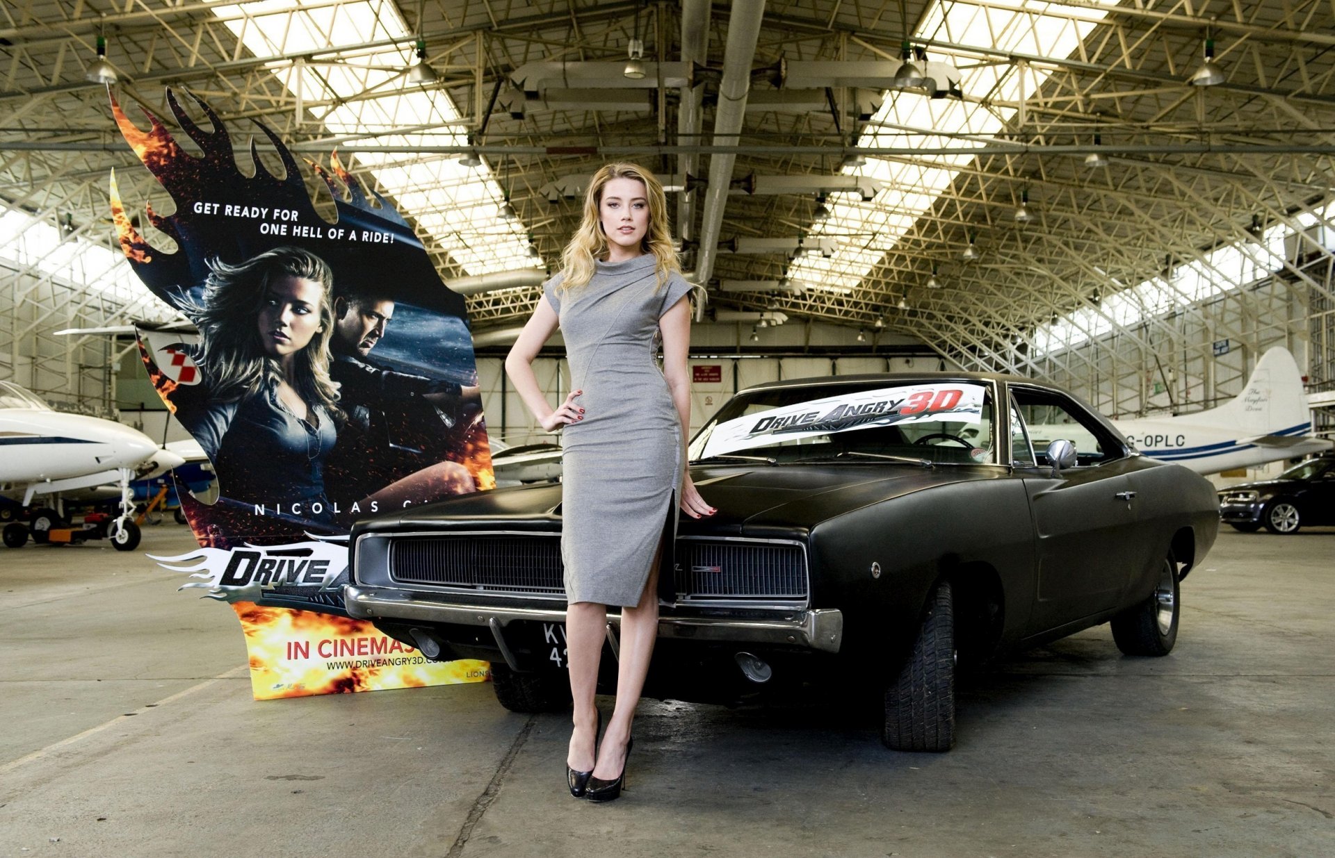 girls girl actress amber heard black cars aircraft hangar poster