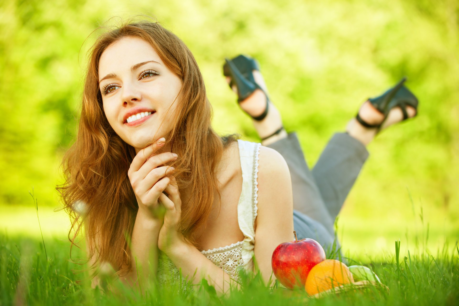 grass nature basket fruits girl view smile