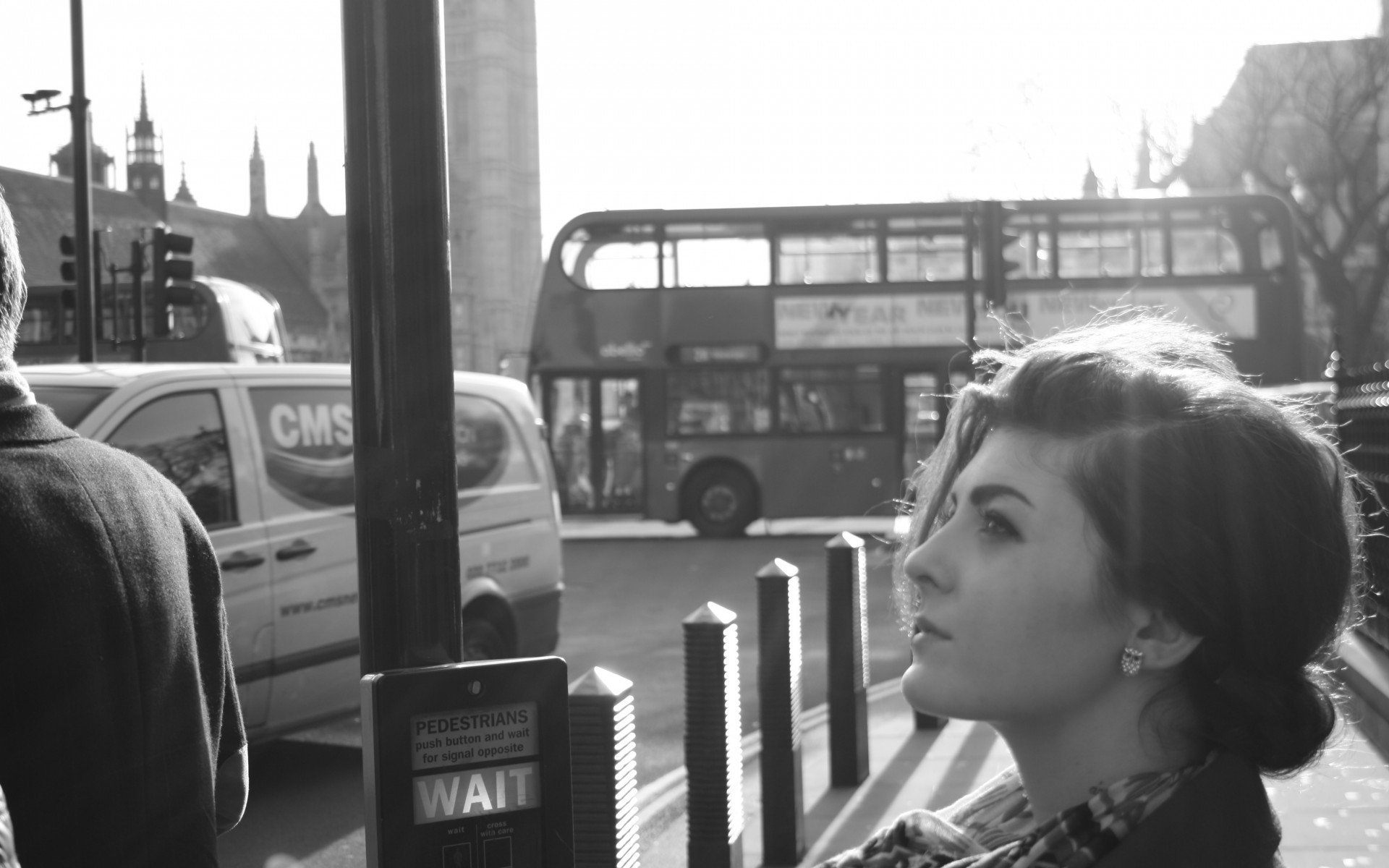 town london street machinery bus girl view black and white photo