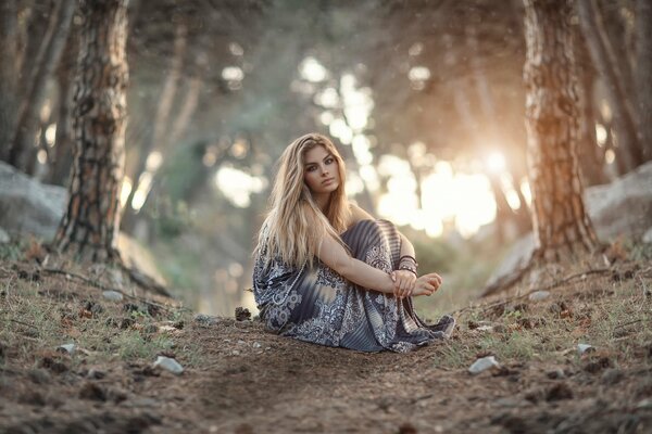 Jeune fille assise dans la forêt sur fond de coucher de soleil