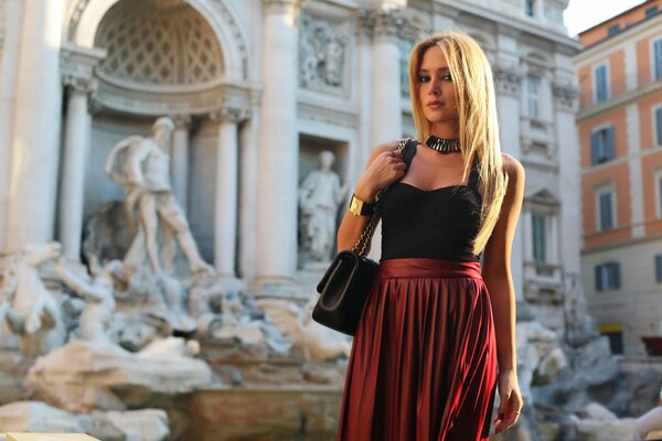 A girl in a skirt with beautiful hair