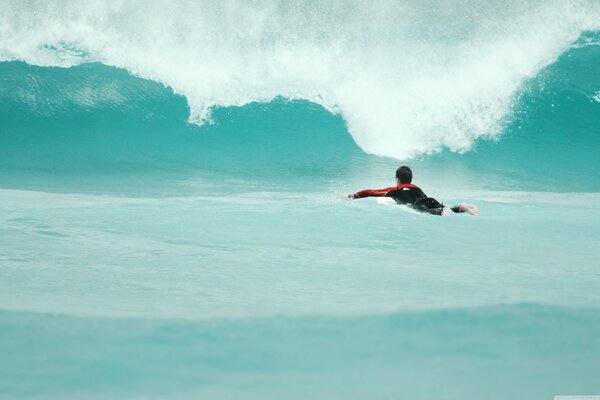 Surfer swims on a wave of azure color