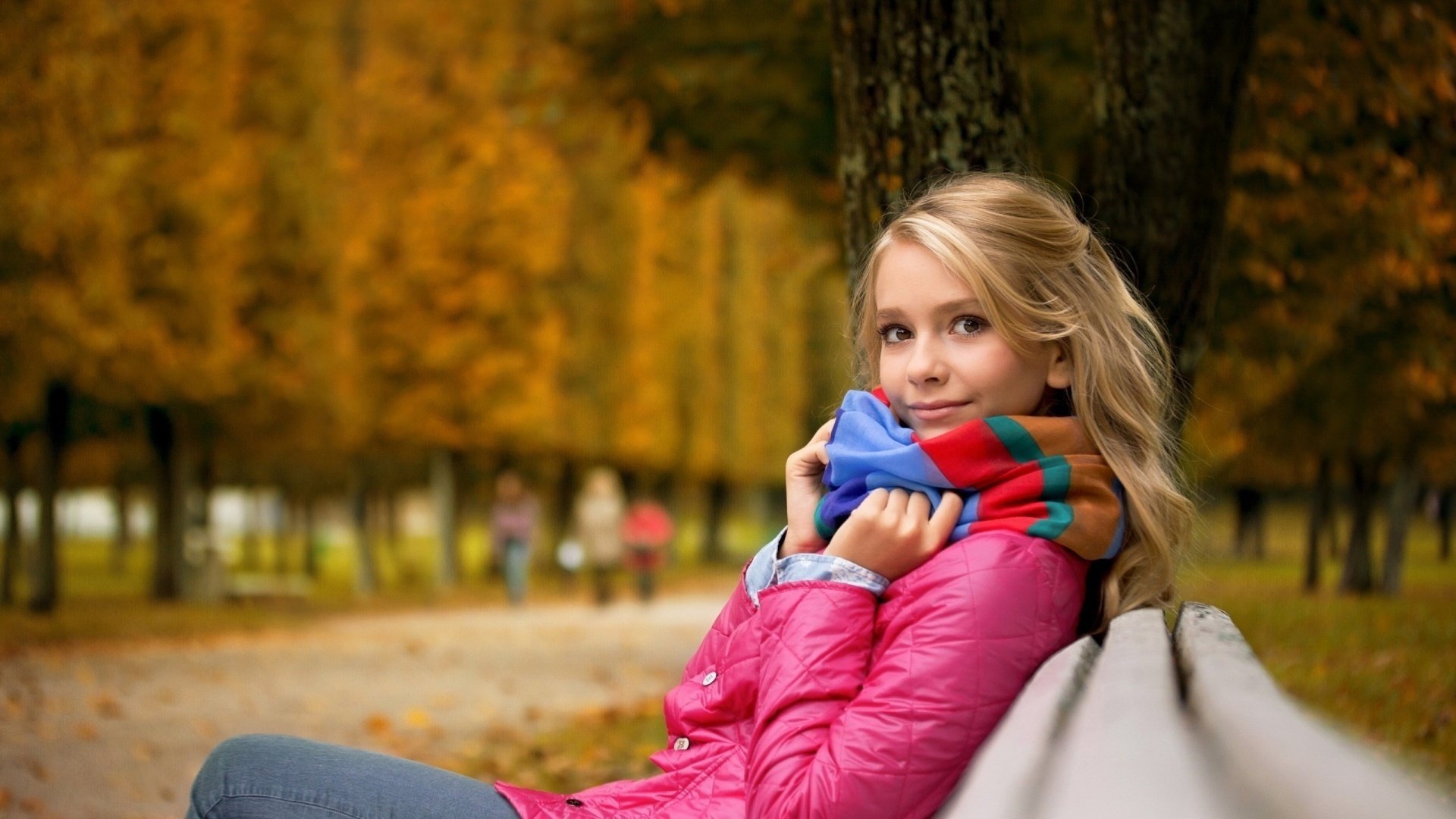 girl blonde blurred background autumn cutie scarf