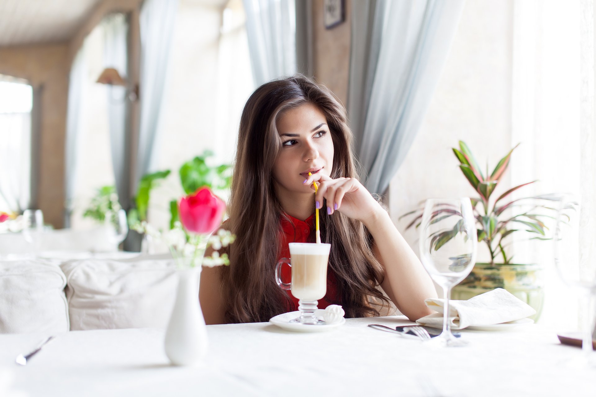 girl brown hair table glass cocktail