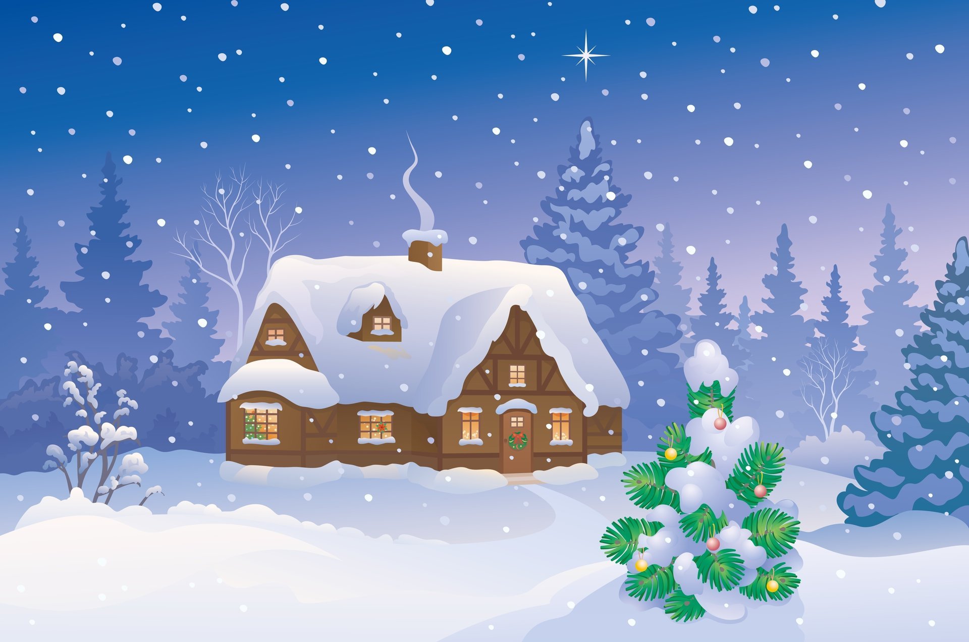 merry christmas winter house new year snow christmas tree