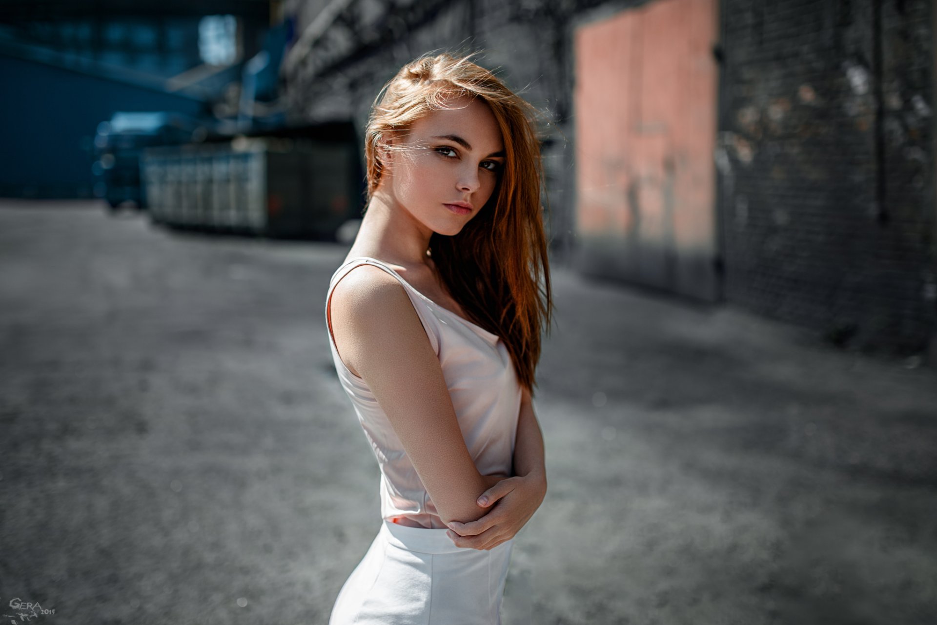 girl oktiabrina maximov george chernyad ev red portrait bokeh dress white background trailers truck contrast wall