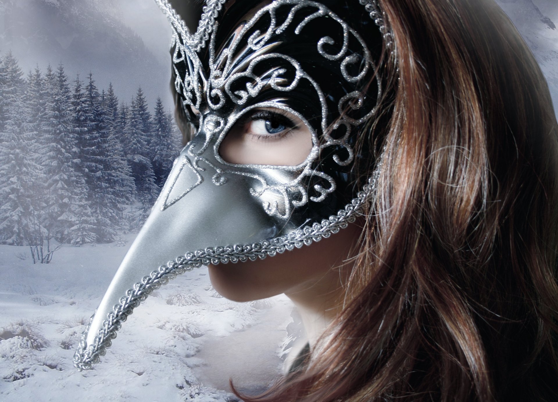 girl view face mask hair background winter snow tree