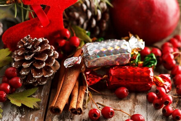 Candy surrounded by cones, berries and cinnamon sticks