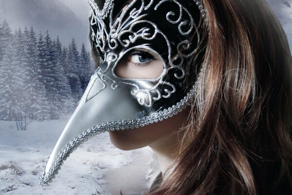 A girl in a mask with a long nose and a background view