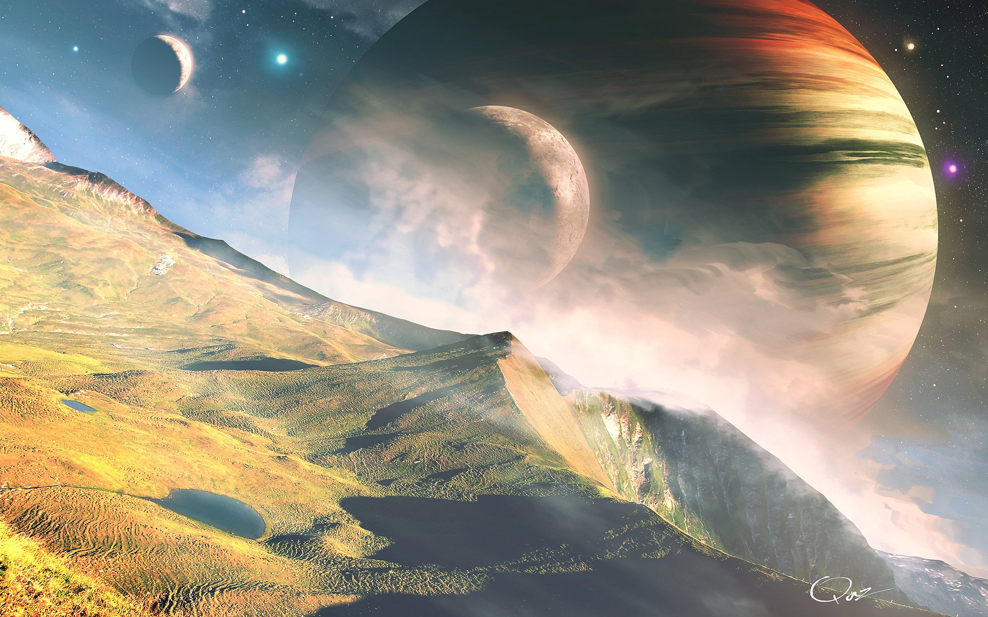 planet mountains space stars qauz landscape