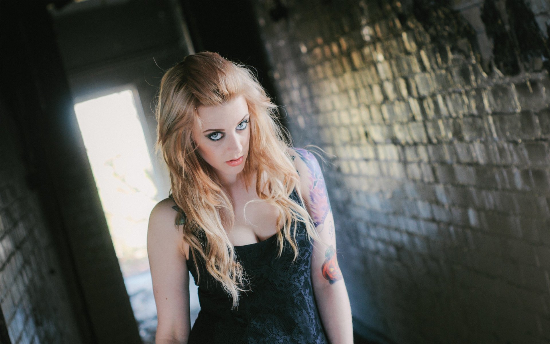 girl blonde dress tattoos view wall