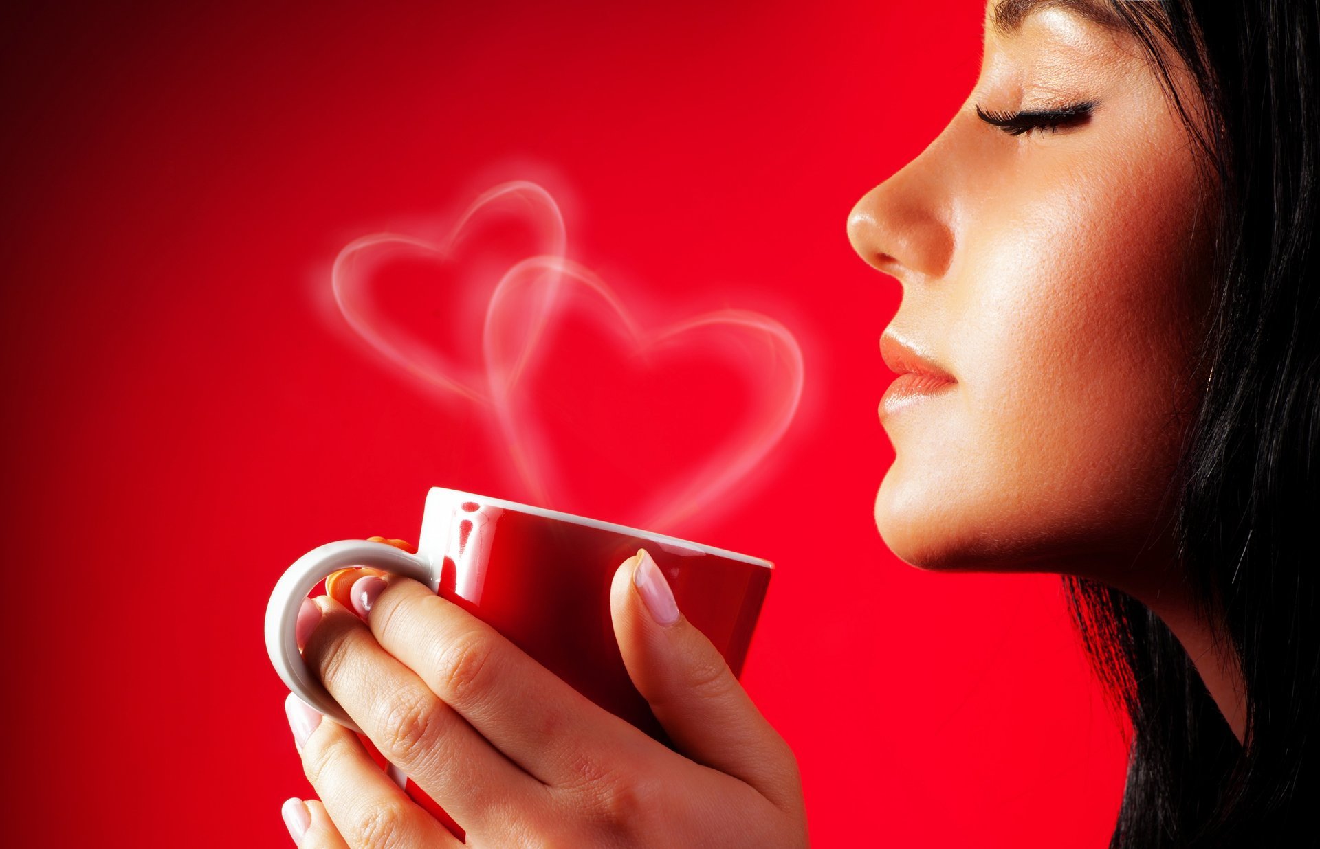 girl section eyes closed eyelash hair hands cup heart red background