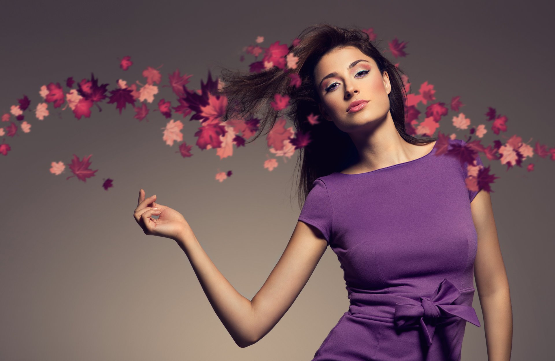 girl brown hair wind leaves view