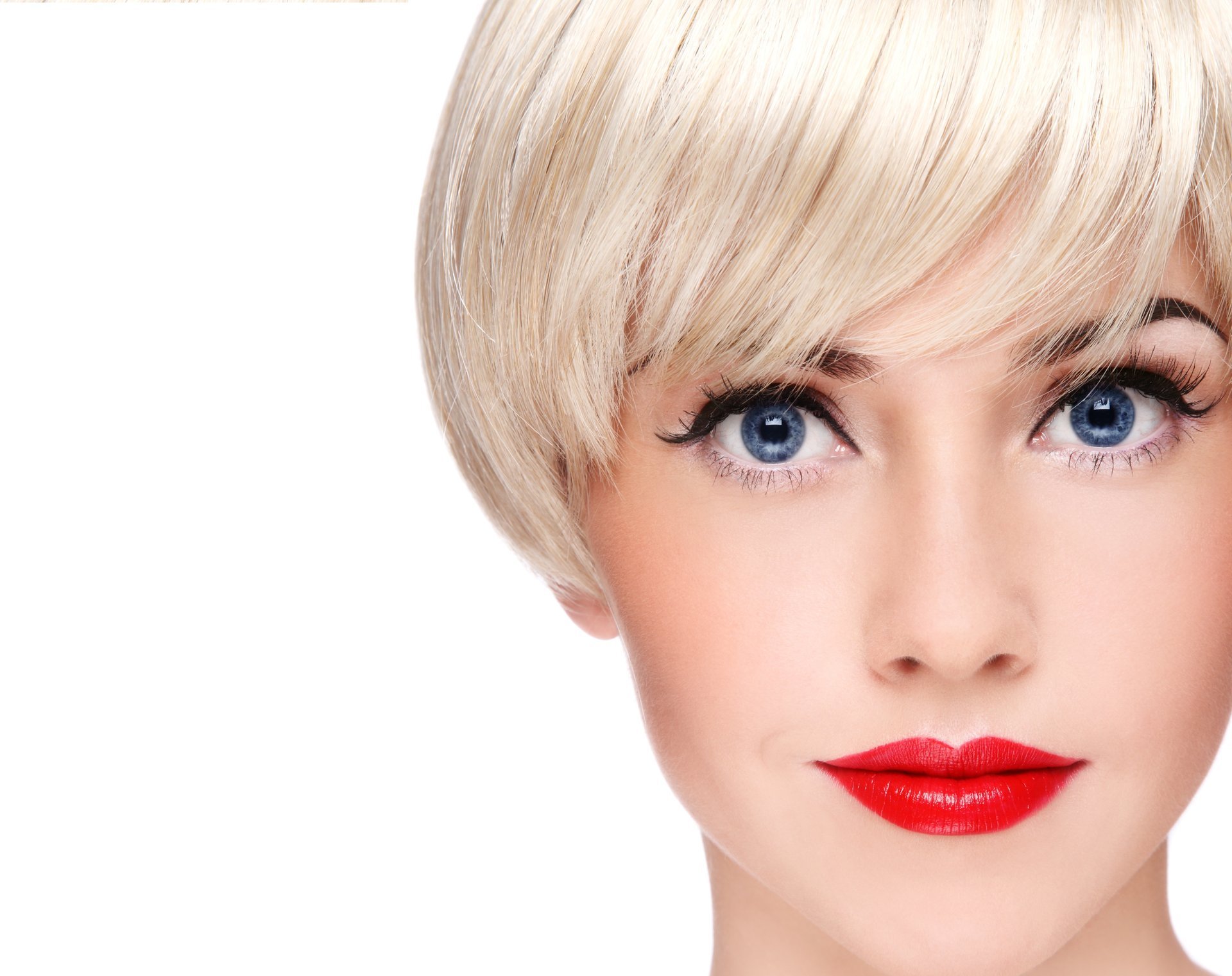 girl blonde haircut make-up red lips blue eye