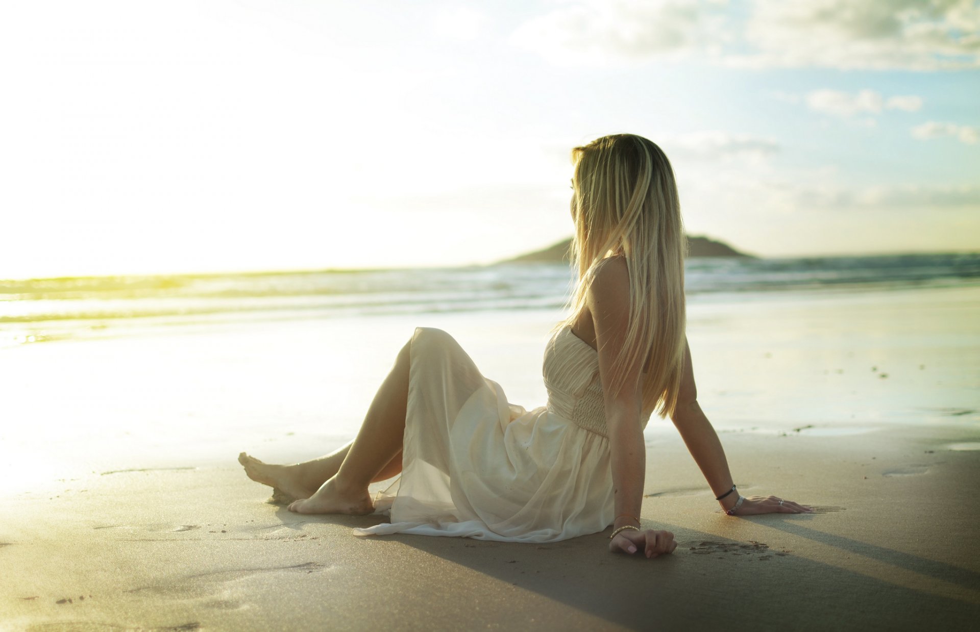 girl blonde dress sundress beach sand pose sitting