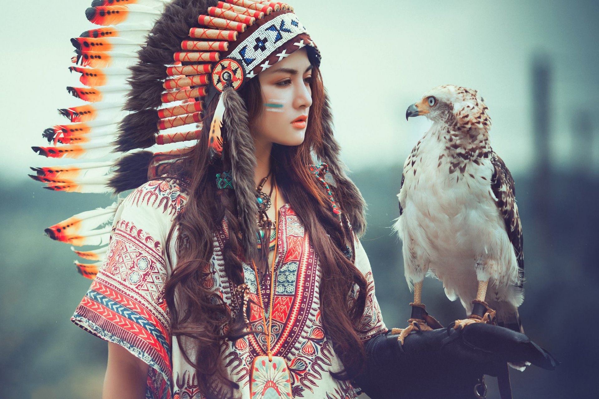 girl view face headwear feathers falcon nature