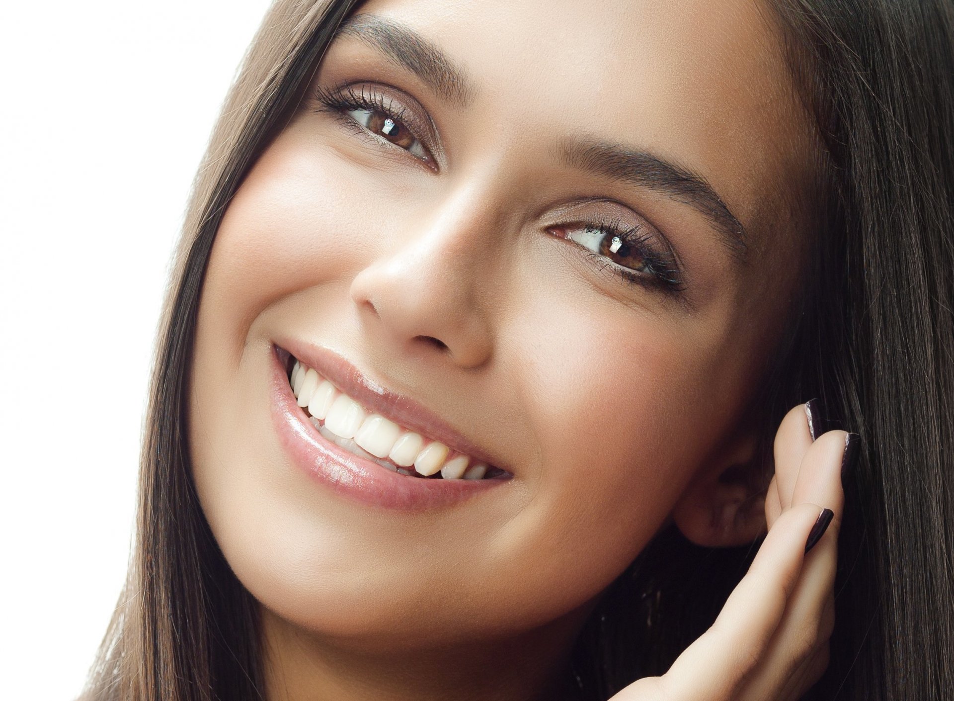 model girl smile face close up view eyelash brown eyes hair