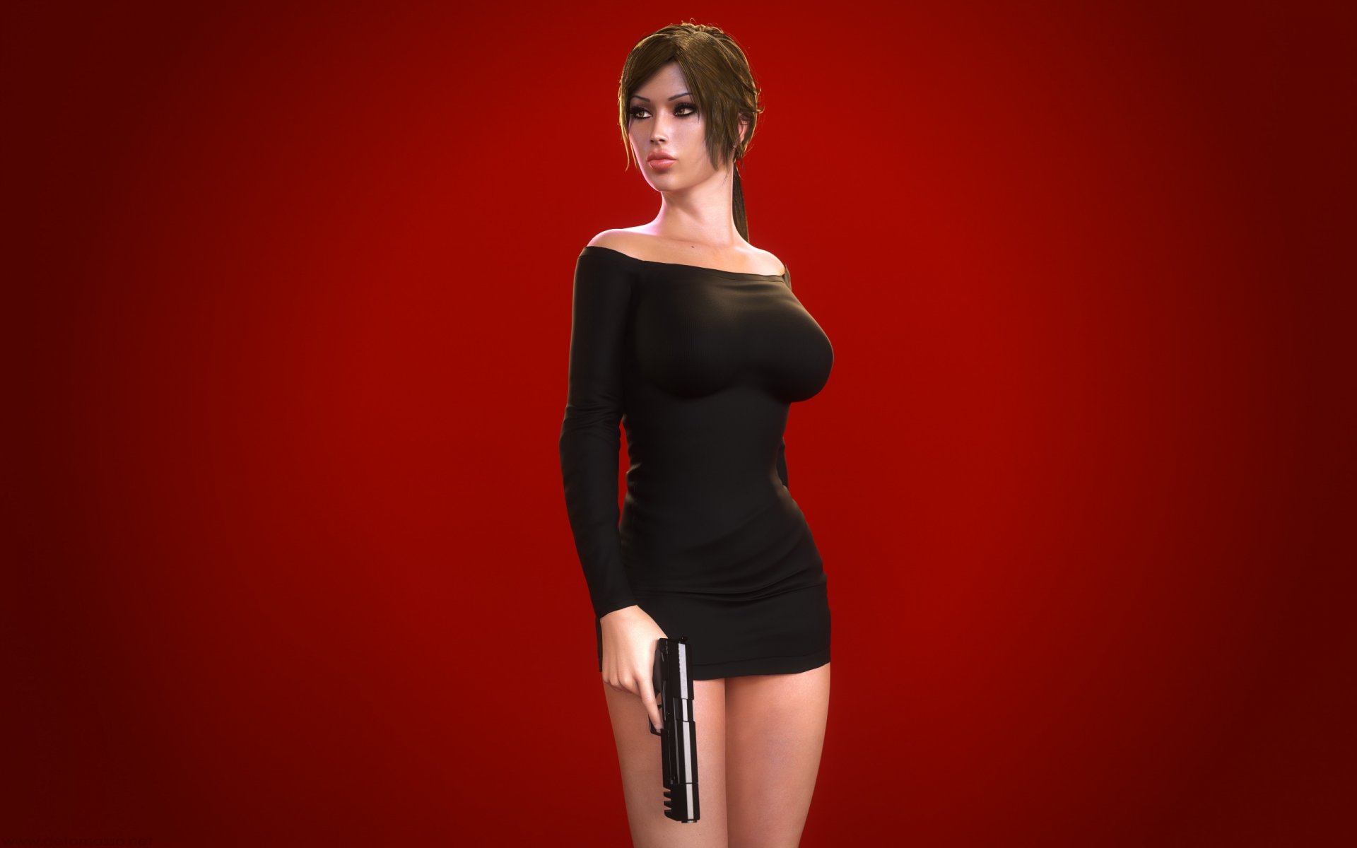 dress girl lara croft tomb raider gun breast