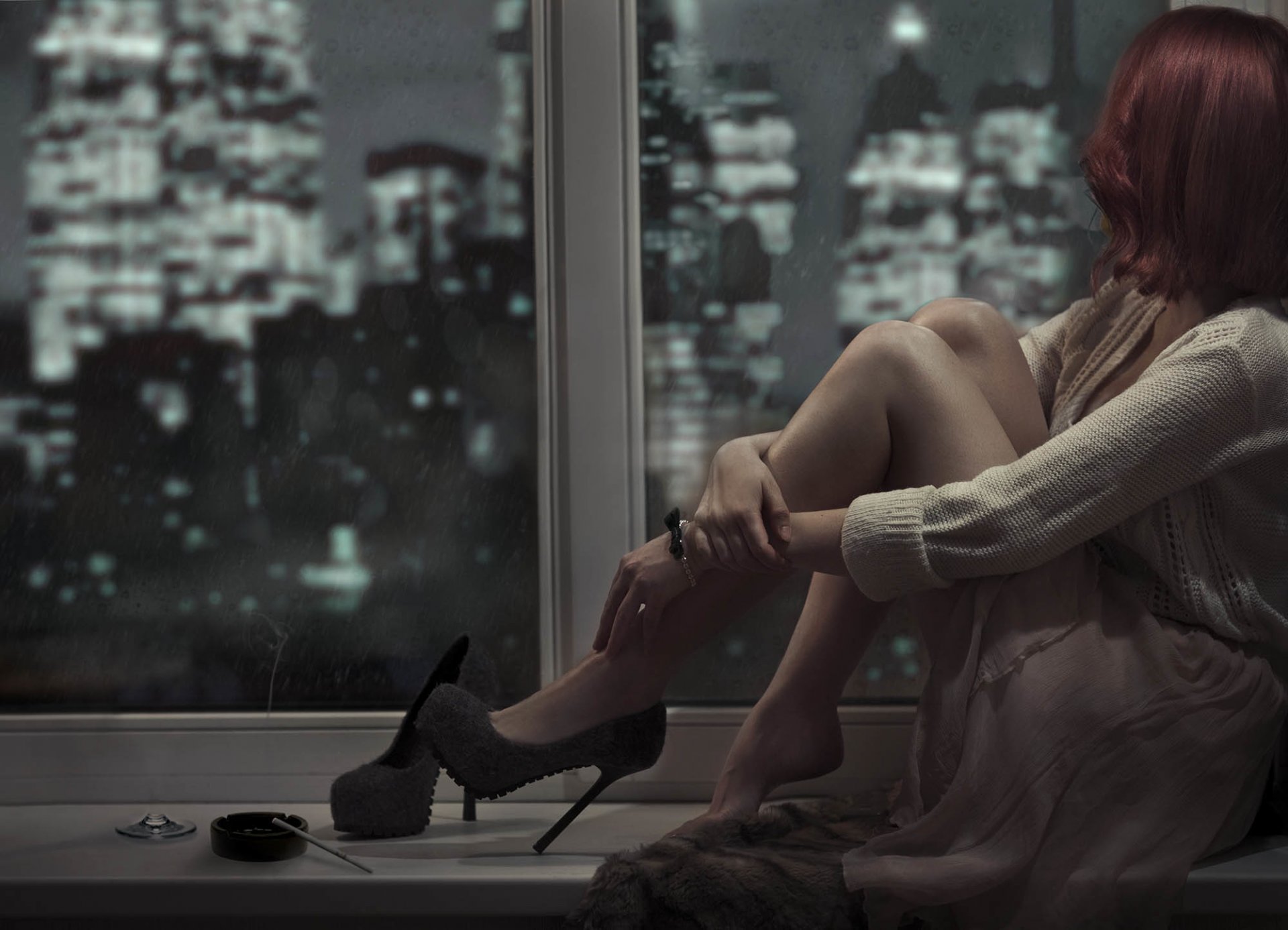 girl brown hair window shoes ashtray twilight sadne