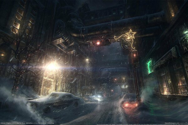 The image of the winter city in the game about Batman