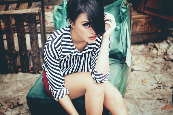 Brunette in a striped shirt