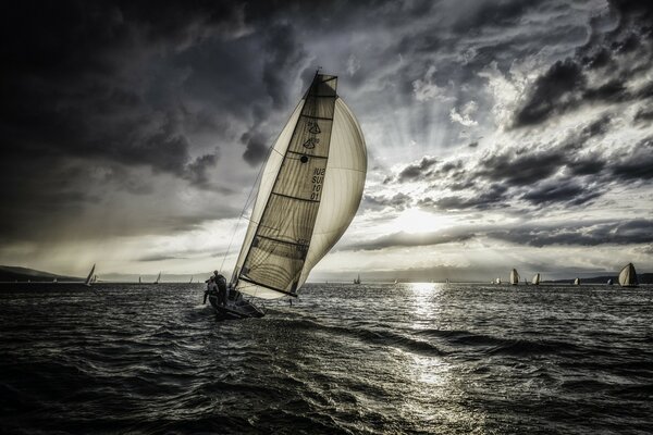 Voilier dans la mer grise sous les nuages