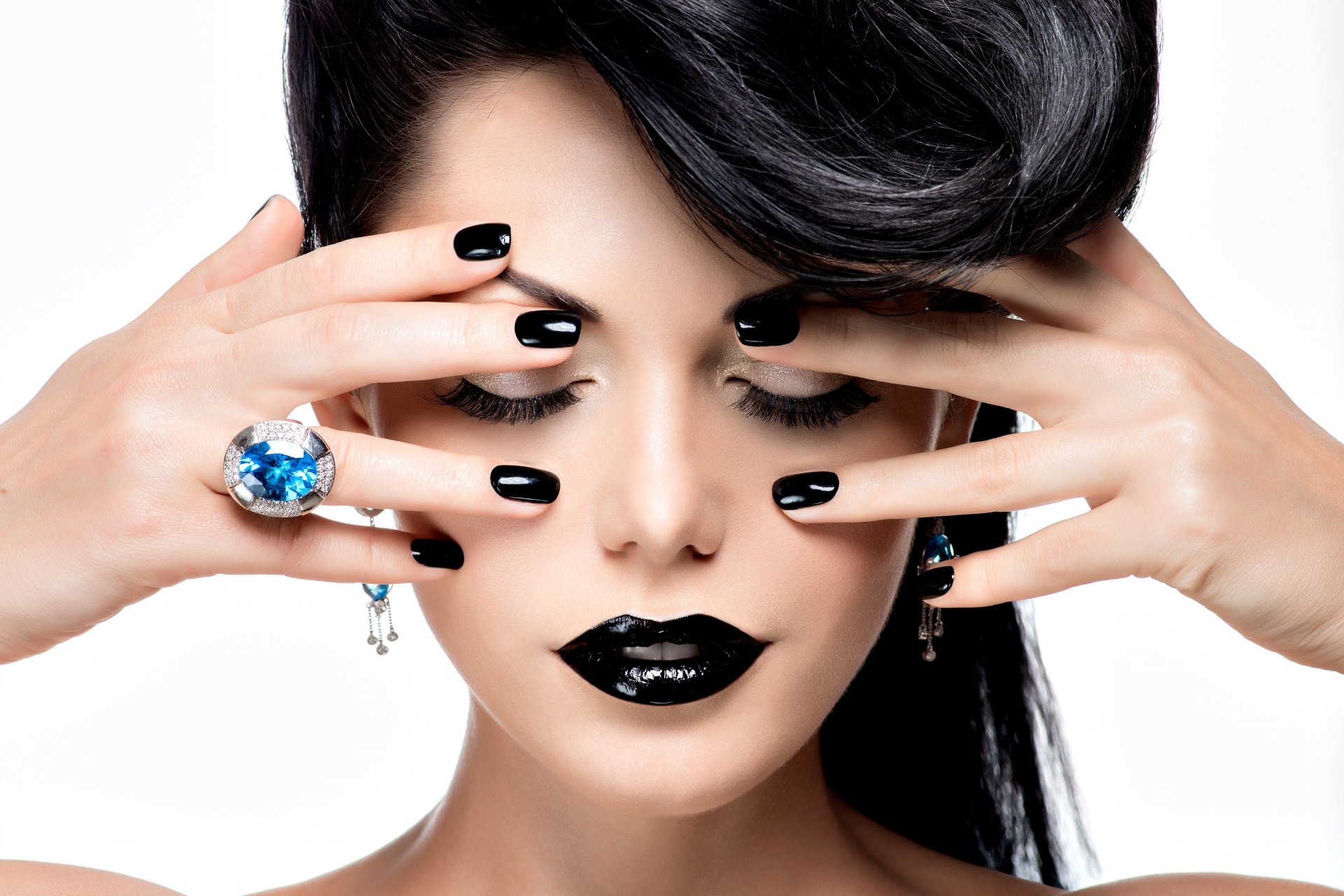 model hair style hair make-up eyes closed hands ring background