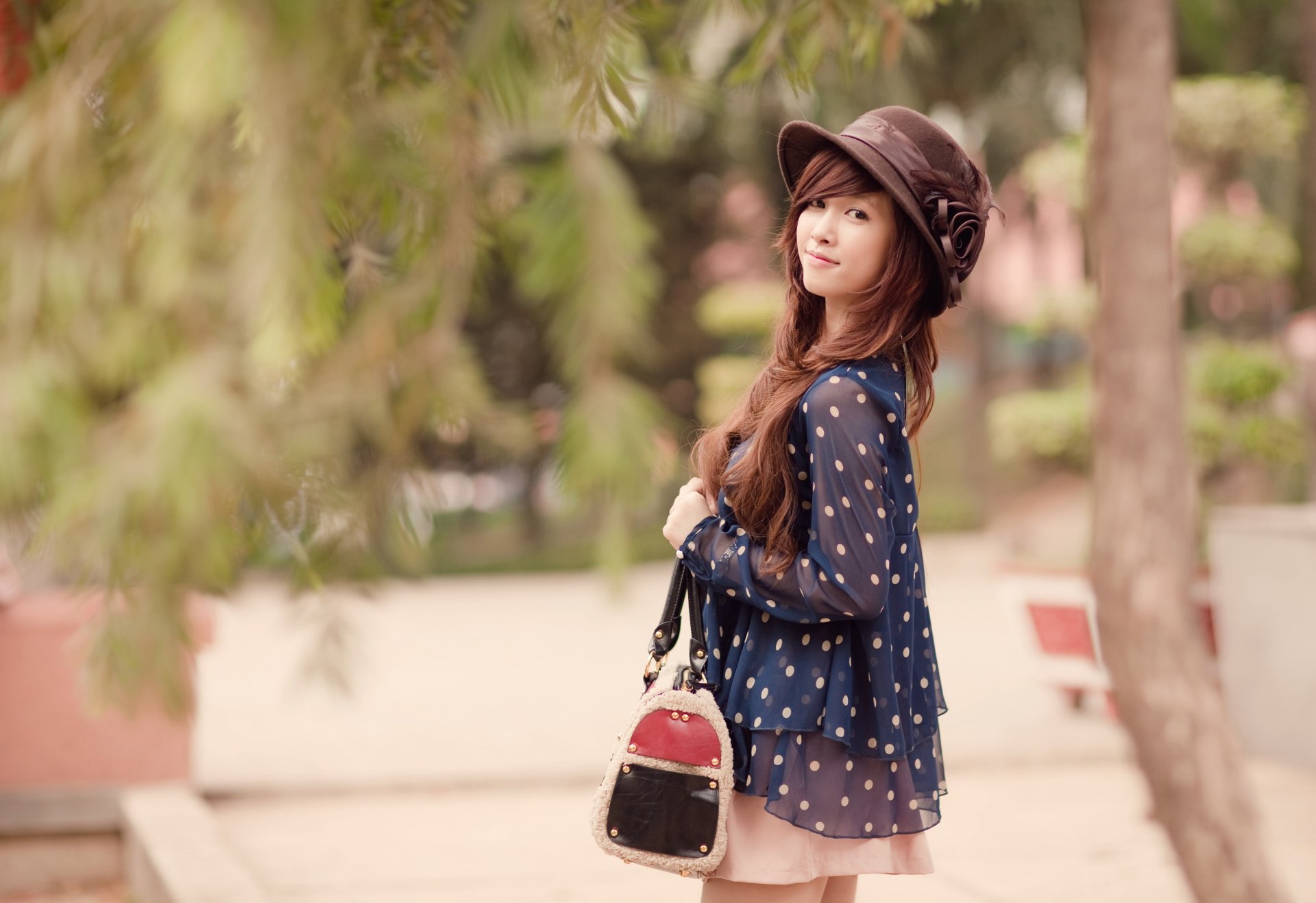 girl asian brunette view hat