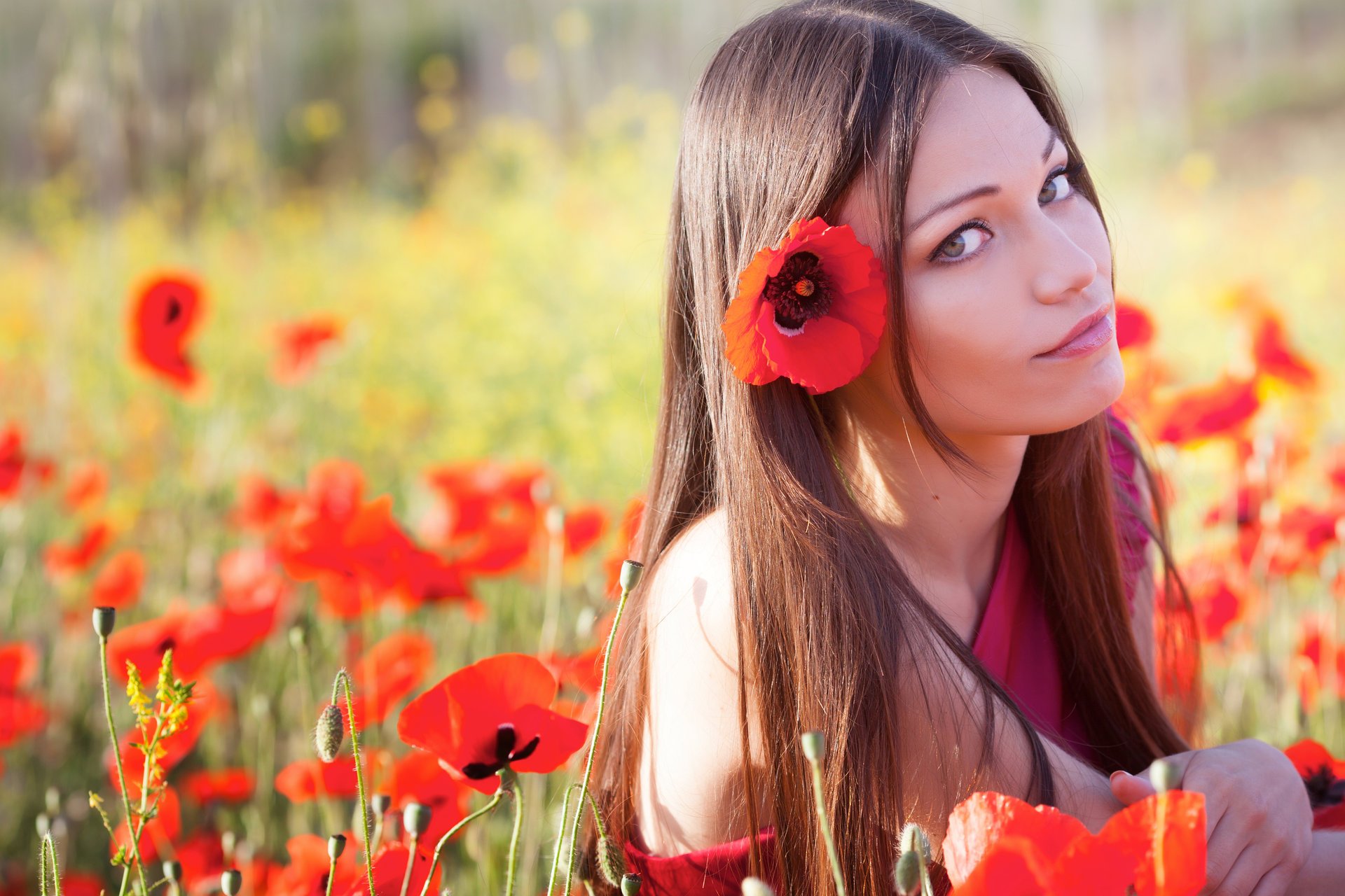 girl flower poppies summer view eyes face hair nature