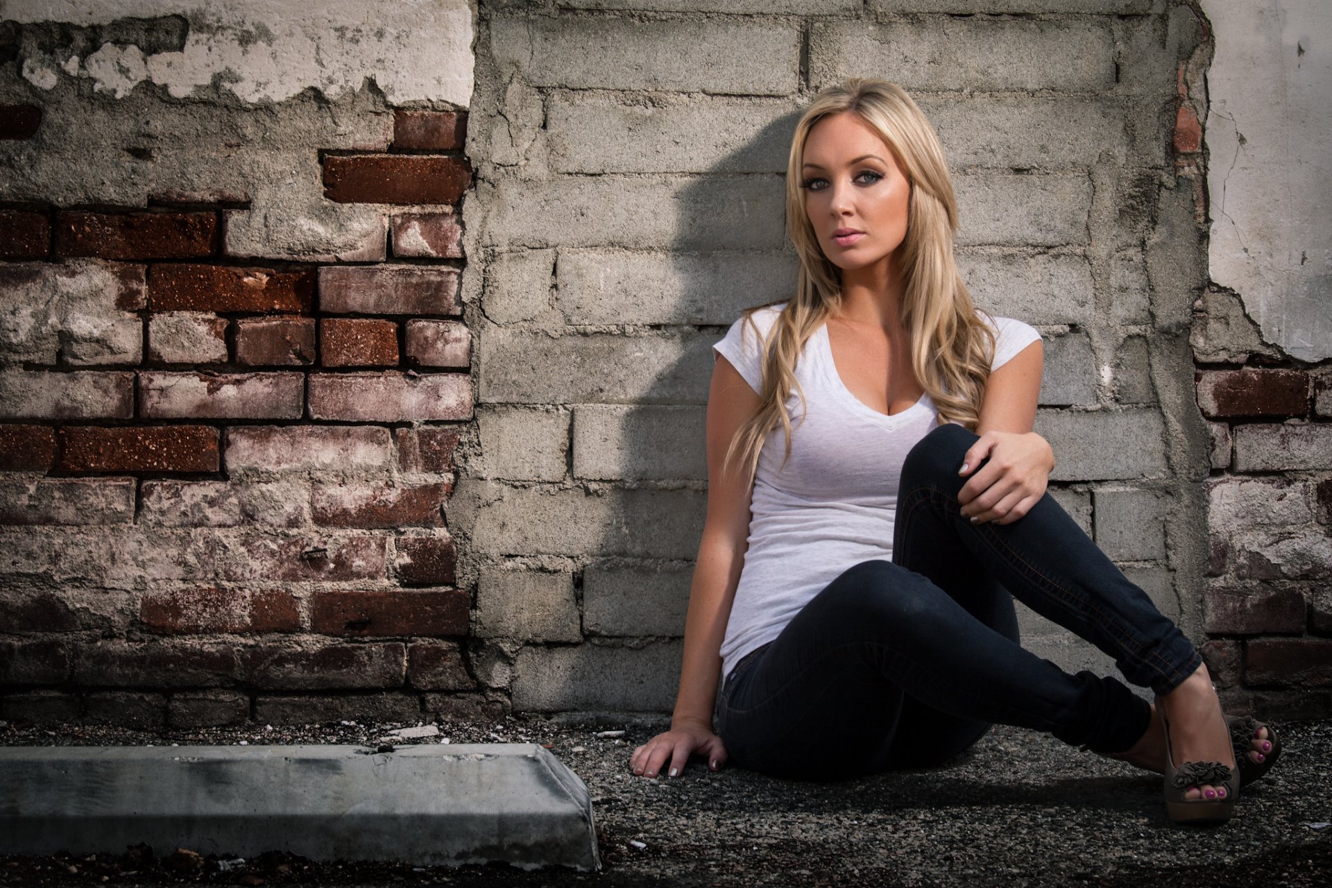 girl face hair view sitting wall