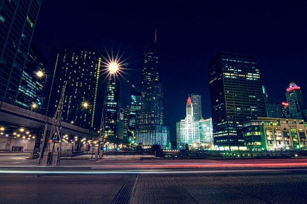 Night America. View of skyscrapers in Chicago