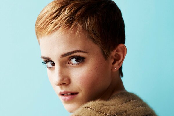 A girl with short hair. Beautiful eyes