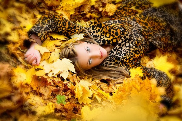 Chica con un vestido de leopardo en el follaje de otoño