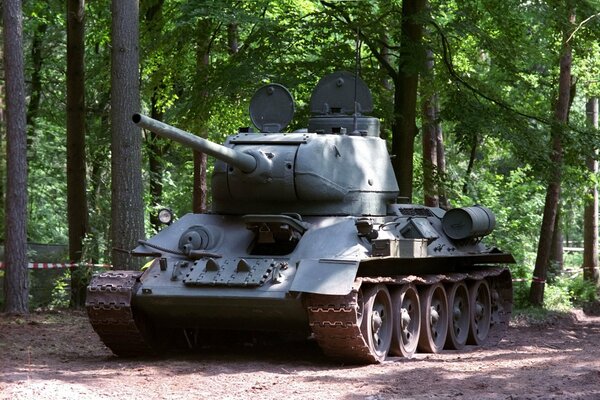 Carro armato sovietico cavalca attraverso la foresta