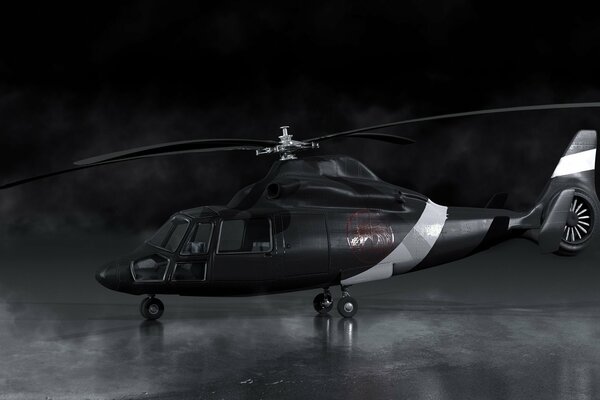 The black helicopter looks like a lonely dolphin