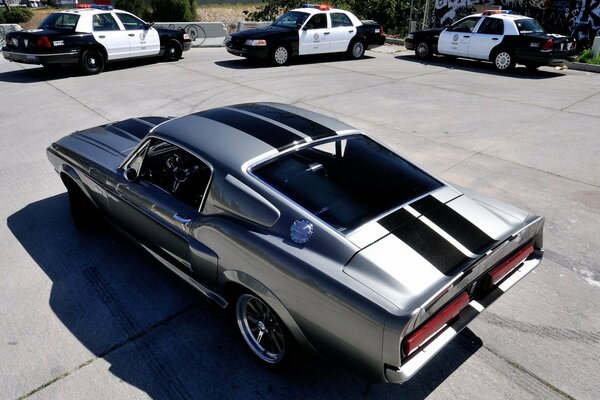 A silver mustang gt500 with black stripes surrounded by police cars