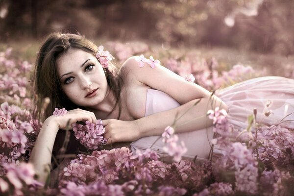 A beautiful girl is lying in lilac flowers