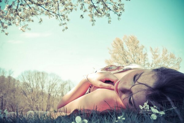 Sommeil serein sur l herbe dans une journée d été