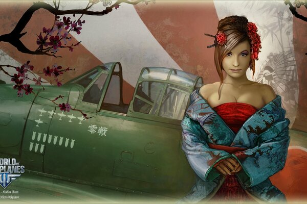 Warplanes japanese girl on airplane background