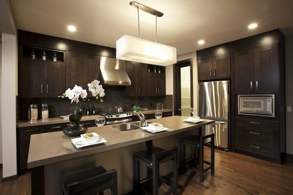 Modern kitchen with artificial lighting