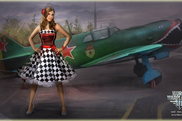 Art Girl stands in a dress against the background of an airplane