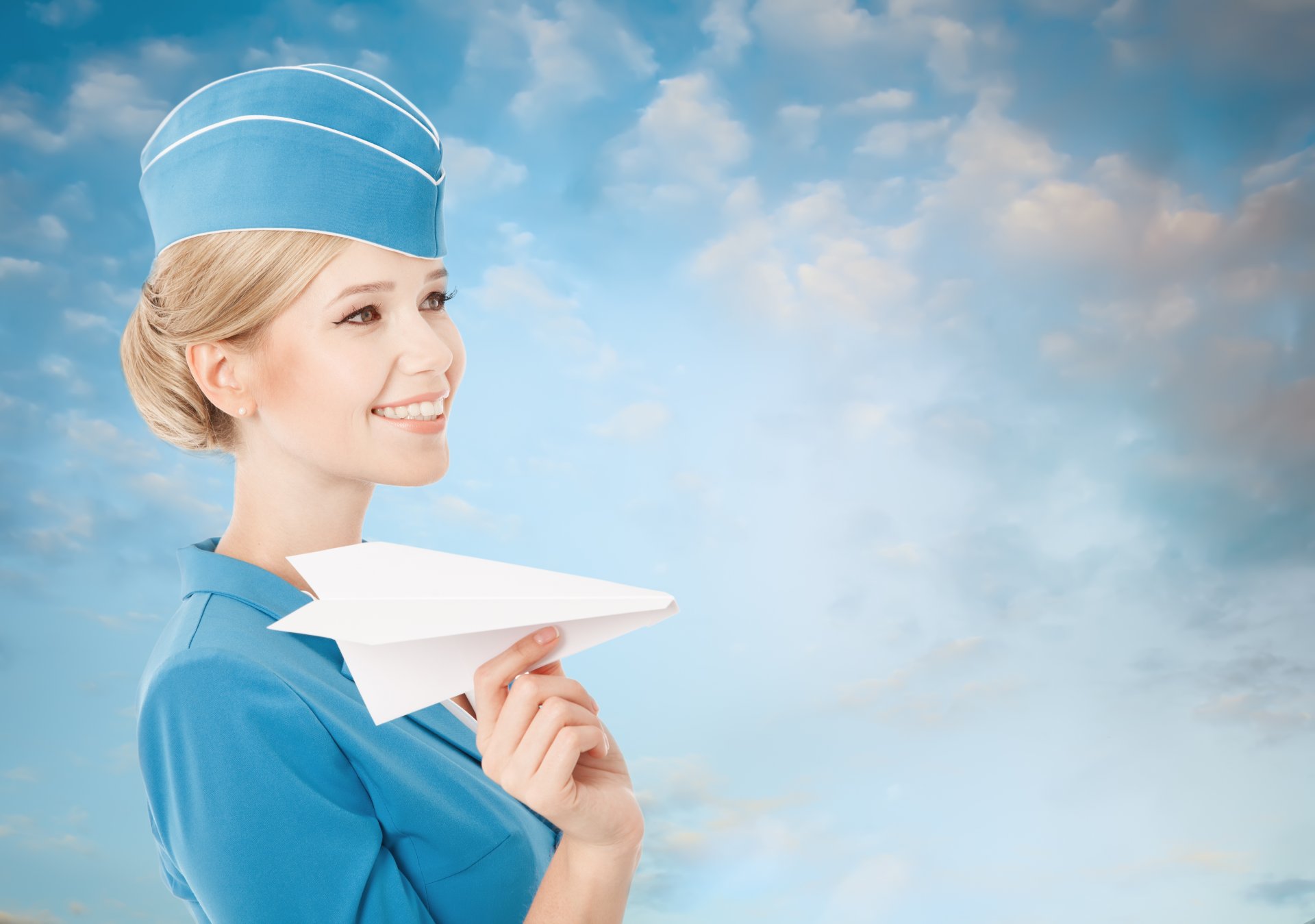 girl blonde stewardess smile paper airplane form