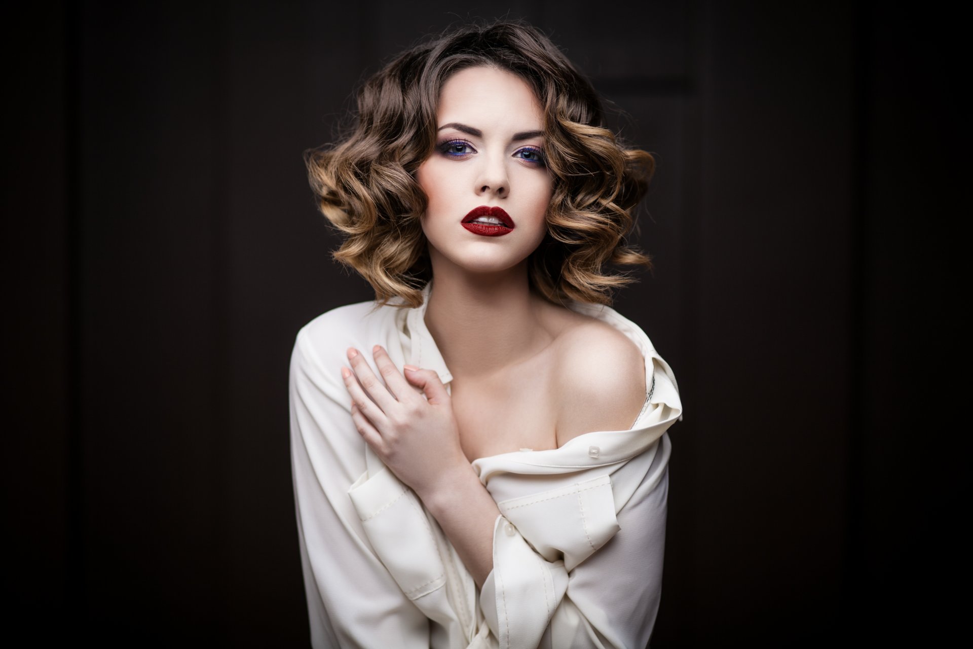 girl model make-up beautiful hair curls jacket shoulders background