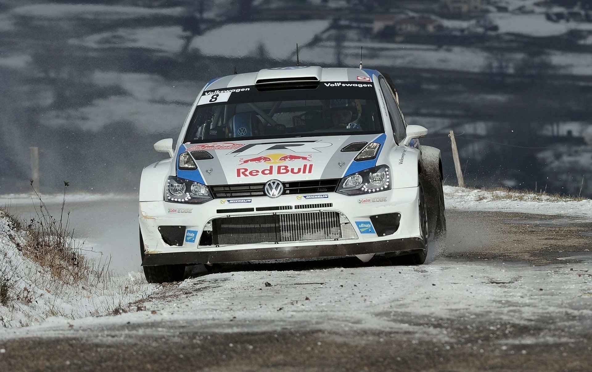 volkswagen polo rally snow the front red bull wrc