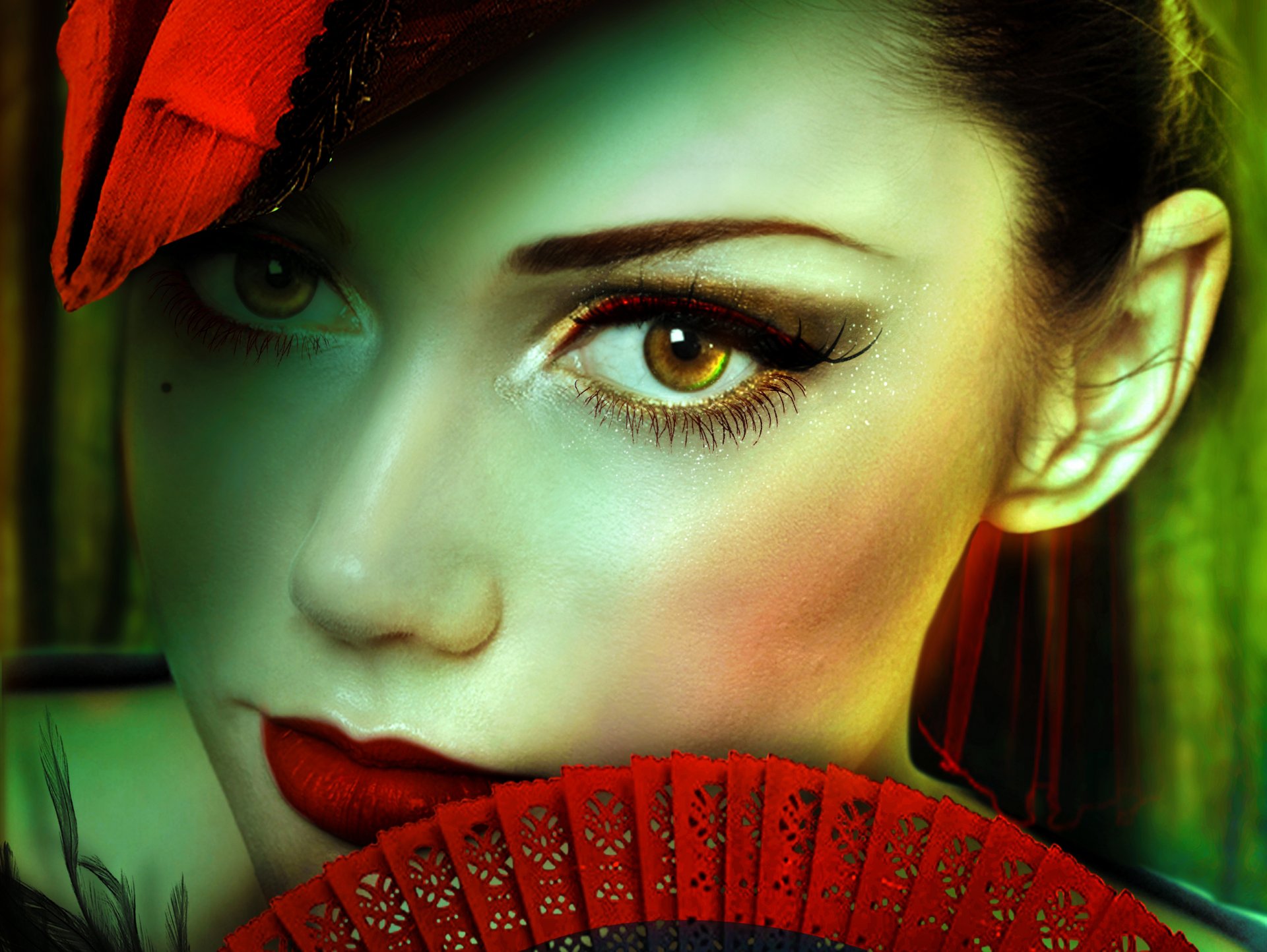 girl art make-up red lips view brown eyes hair eyelash hat fan