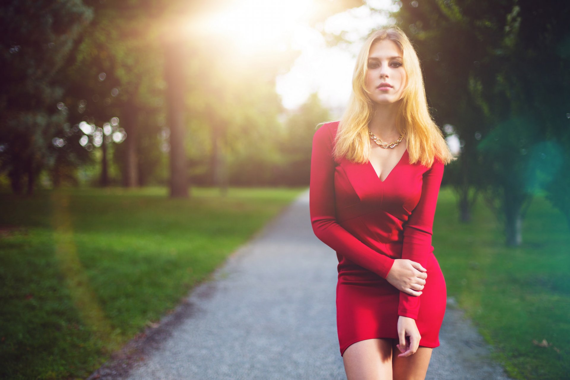 girl in red dress view hair background